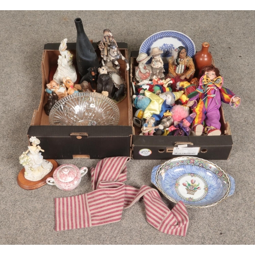 263 - Two boxes of miscellaneous. Includes Wedgwood, composite figures, clown figures, Newhall Boumier War... 