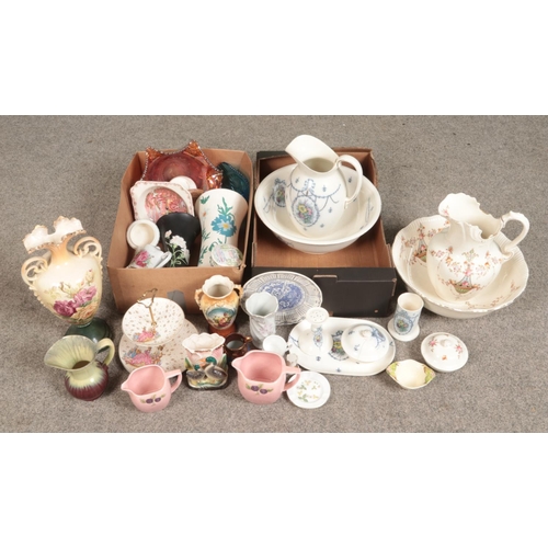 265 - Two boxes of miscellaneous. Includes Devon Ware Fieldings wash jug and bowl set, large carnival glas... 