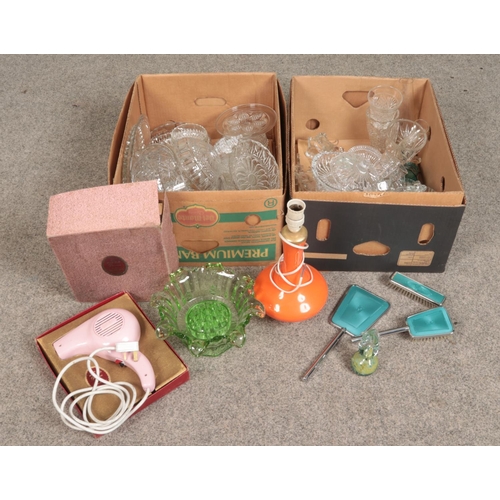 269 - Two boxes of miscellaneous. Includes Shenstone dressing table set, Holmegaard style orange glass tab... 