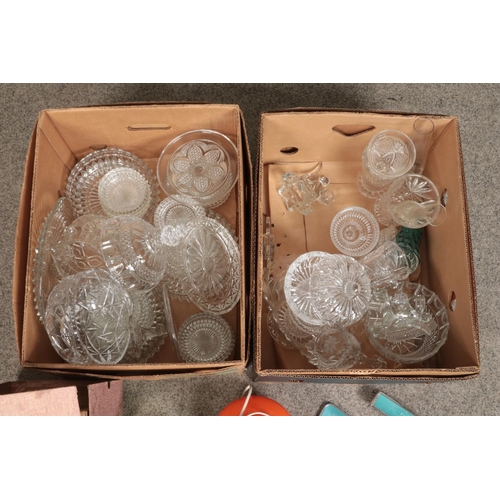 269 - Two boxes of miscellaneous. Includes Shenstone dressing table set, Holmegaard style orange glass tab... 