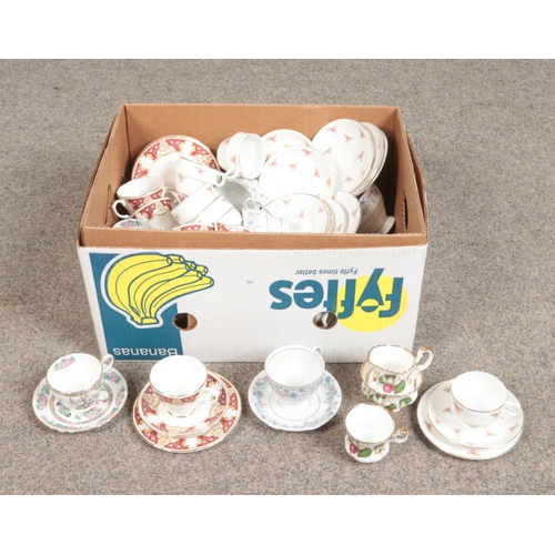 270 - A box of bone china teawares. Includes Royal Imperial, Denbro, Grosvenor etc.