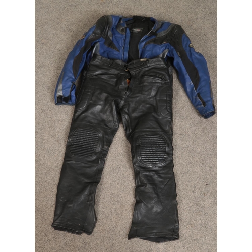 271 - An RST leather motorcycle jacket along with a pair of AMX leather motorcycle trousers. Jacket size 4... 