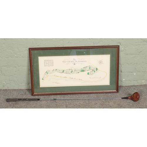 289 - A framed print of The Old Course at St. Andrews surveyed by A. Mackenzie along with a Pinseeker golf... 