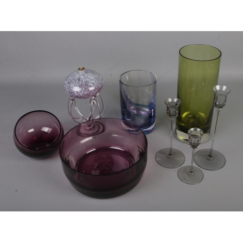 64 - A collection of assorted art glass to include Wedgwood candle sticks, Caithness bowl, tall green gla... 