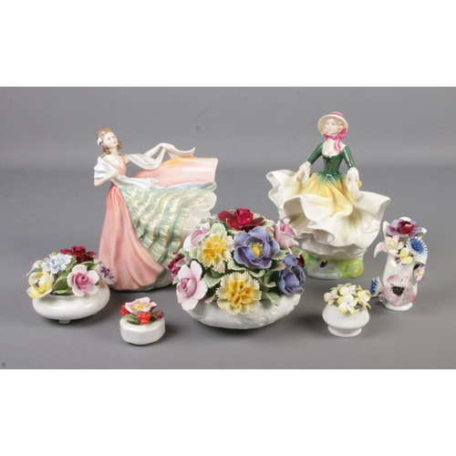 65 - A collection of ceramics. Includes two Royal Doulton ladies (Becky HN2740 and Ann HN3259) and a coll... 