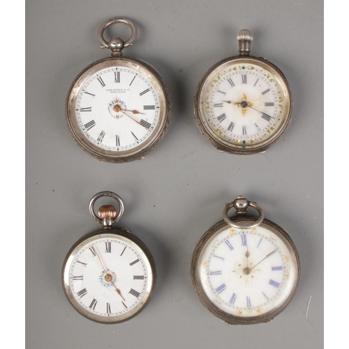 452 - A collection of four silver fob watches including John Myers & Co example