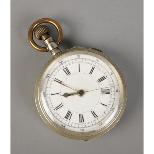 455 - A Swiss white metal chronograph pocket watch.