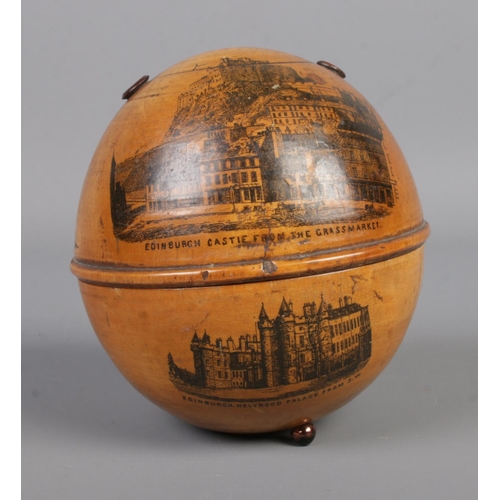 7 - An early Twentieth Century Mauchlineware string box depicting scenes of Edinburgh, together with an ... 