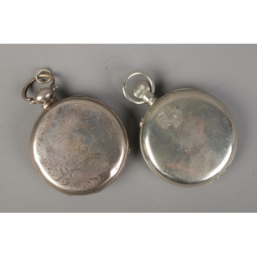 465 - Two white metal pocket watches. One by Enigma, the other MJ Tobias with engraved landscape scene to ... 