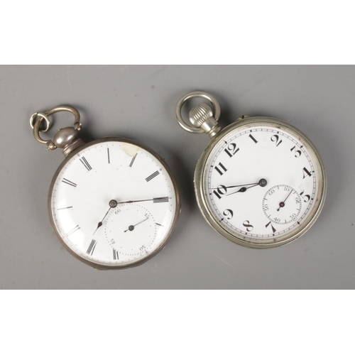 465 - Two white metal pocket watches. One by Enigma, the other MJ Tobias with engraved landscape scene to ... 