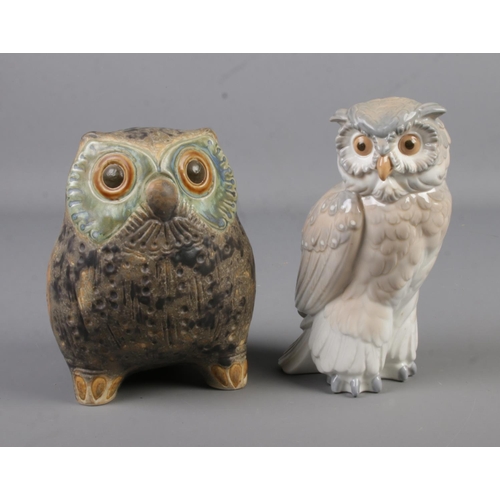 475 - Two ceramic figures of owls; one by Lladro, the other Nao.