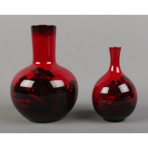 503 - Two Royal Doulton flambe vases; one No. 1606 shape titled 'Woodcut'. Tallest: 14cm.