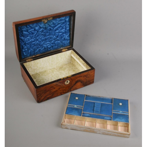 75 - A Victorian walnut jewellery box with mother of pearl inlay and parquetry detail.