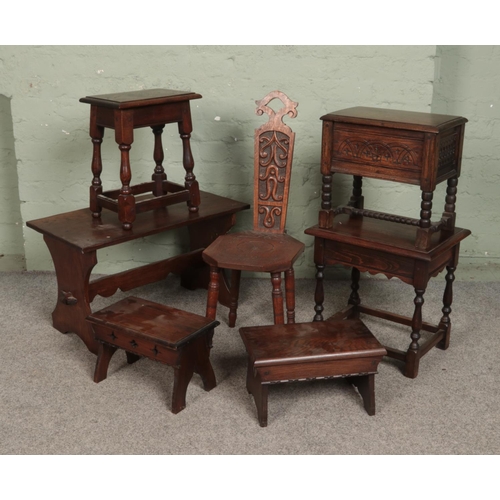 520 - A large quantity of small antique furniture including spinning chair, stools, coffee tables etc