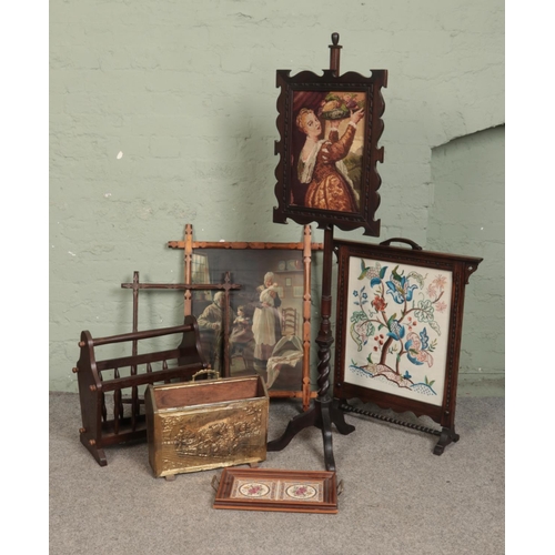 524 - A collection of assorted occasional furniture etc. Includes embroided fire screen, pole screen, two ... 