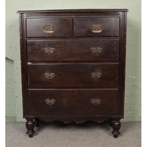 526 - A Victorian pine chest of two over three drawers, with brass handles and raised on turned supports. ... 