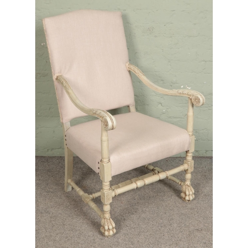 557 - A painted French style throne chair with newly upholstered finish.