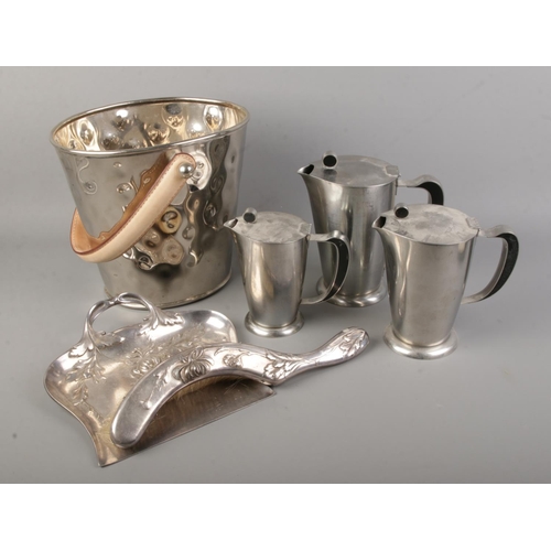 98 - A set of three mid century Gense coffee/tea pots together with silver plate crumb catcher and modern... 