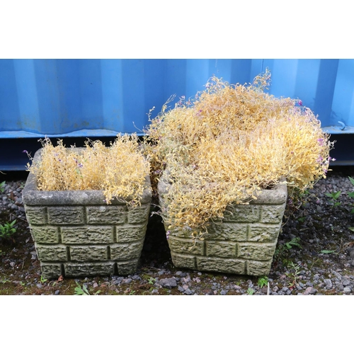 286 - Two concrete garden planters of near square form, with brick pattern detail to the sides. Height: 28... 