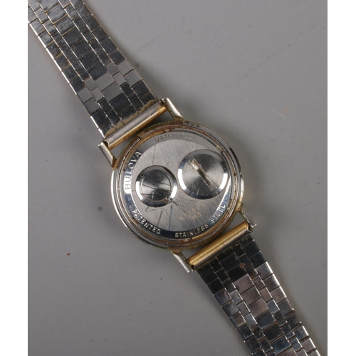 404 - A gents stainless steel Bulova Accutron quartz wristwatch on gold plated strap. With box and papers.