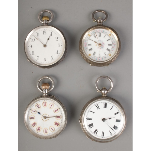 448 - A collection of four silver fob watches including hand painted floral design face example.