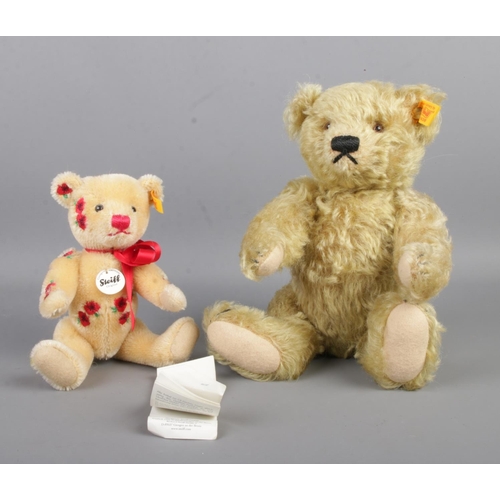 102 - Two Steiff jointed bears; 1920 blonde bear replica 000713 along with a smaller example embroidered w... 