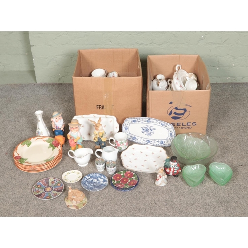 164 - Two boxes of assorted items, to include Bagley style glass leaf dishes, Richmond Rose Time lidded tu... 