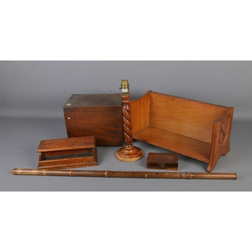 168 - A good collection of assorted treen to include carved bookstand, Japanese Shakuhachi bamboo flute, i... 