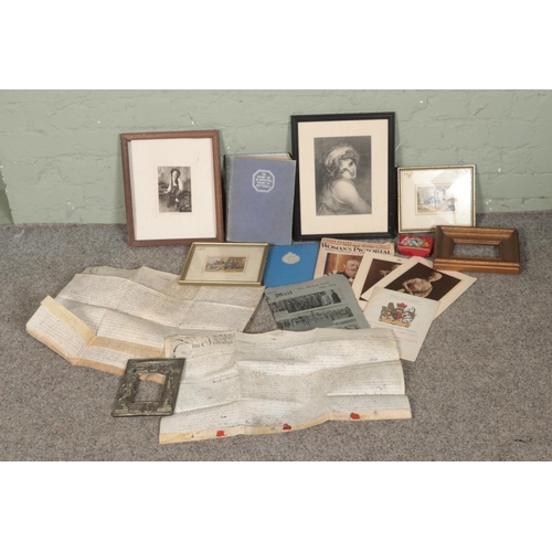 169 - A box of assorted prints, engravings and ephemera to include two antique indentures dated for 1660 a... 