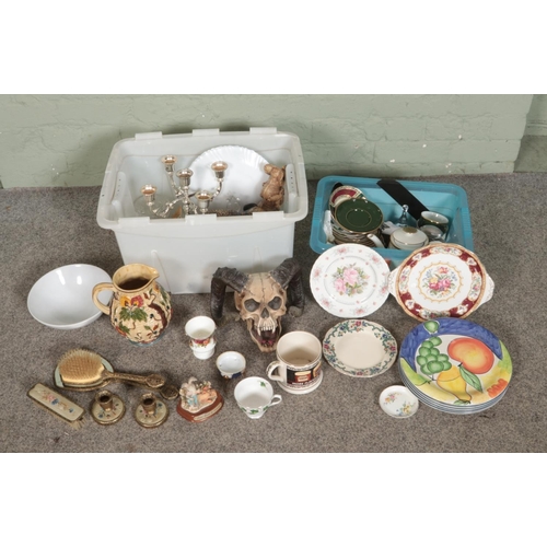 173 - Two boxes of miscellaneous to include Royal Doulton, Royal Albert Old Country Roses, Nemesis Now, ar... 