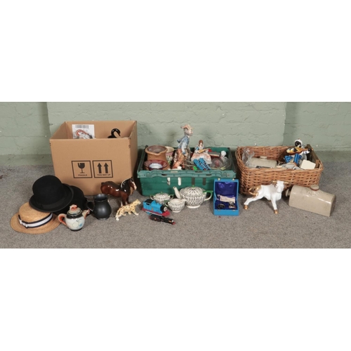 178 - Three boxes of assorted miscellaneous, to include Beswick shire horse, Sadler zebra pattern three pi... 