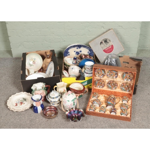 189 - Three boxes of mixed collectables including foreign ceramics, carnival glass, character jugs, Falcon... 