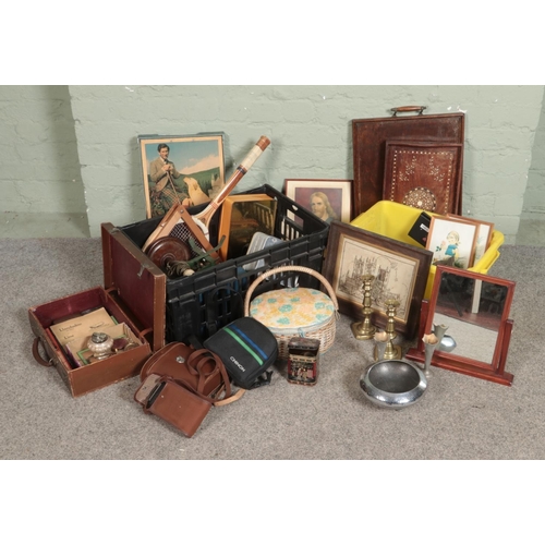 190 - Two boxes of mixed collectables including vintage tins, binoculars, vintage tennis racket, wooden tr... 