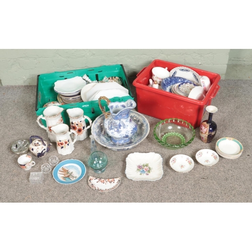 213 - Two boxes of mostly assorted ceramics to include Duchess, Old Foley, Chatsworth Myotts, art glass bo... 