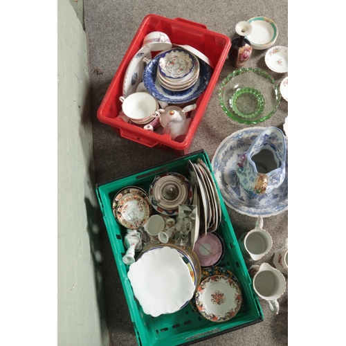 213 - Two boxes of mostly assorted ceramics to include Duchess, Old Foley, Chatsworth Myotts, art glass bo... 