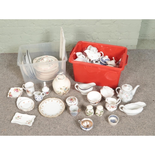 215 - Two boxes of assorted ceramics to include include Crown Ducal Arizona, Royal Cauldon, Paragon, Johns... 