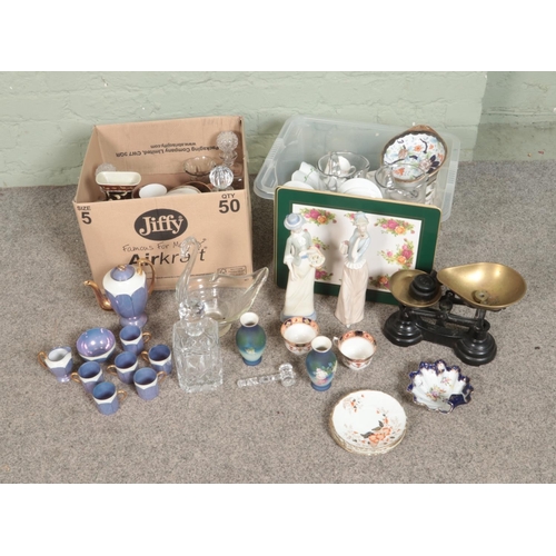 216 - Two boxes of mostly assorted ceramic and glassware to include Gladstone, vintage scales, Colclough, ... 