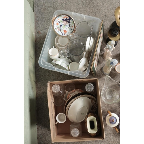 216 - Two boxes of mostly assorted ceramic and glassware to include Gladstone, vintage scales, Colclough, ... 