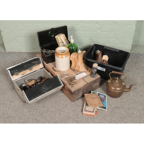 226 - A mixed lot of collectables including vintage phone, wooden box with enamel volts danger plaque, sod... 