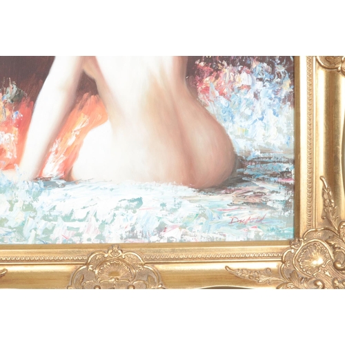 320 - Duford gilt framed oil on canvas depicting portrait of a nude maiden signed to lower right. Approx. ... 