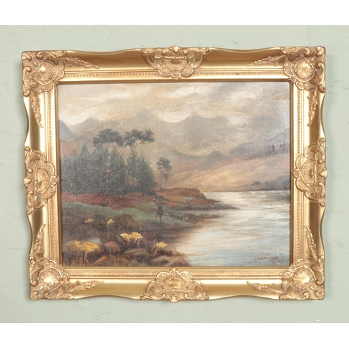 321 - J.G Davidson gilt framed oil on canvas depicting a gentleman duck hunting by a river with dog, signe... 