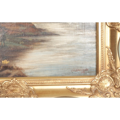 321 - J.G Davidson gilt framed oil on canvas depicting a gentleman duck hunting by a river with dog, signe... 