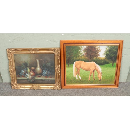 322 - Two framed oil on canvas' to include still life of fruit signed M. Santin and portrait of a horse si... 