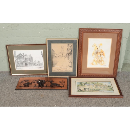 324 - A collection of pictures, to include Katherine Heldt watercolour of teddy bears, J. Kirk charcoal sk... 