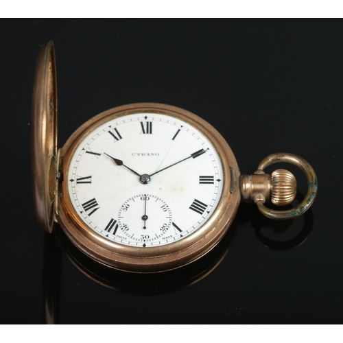 344 - A Cyrano gold plated full hunter pocket watch, with seven jewel Swiss movement. Featuring Roman Nume... 