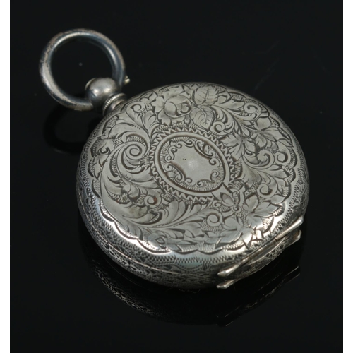 345 - A Swiss silver fob watch, with Roman Numeral markers and scrolled detailing to back plate. Stamped 9... 