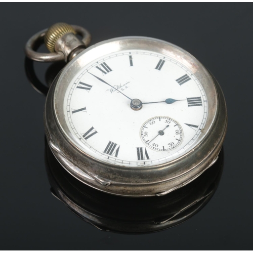 379 - A silver American Waltham Watch Co. pocket watch, with Roman Numeral face stamped 'Waltham U.S.A' an... 