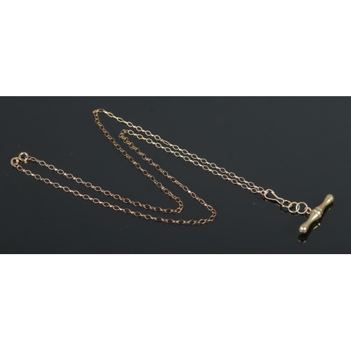 392 - A 9ct Gold necklace chain, with T-bar attached. Length (doubled): 26cm. Total weight: 2.0g