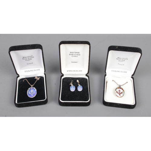 398 - Three boxed sets of Sherwood Hand Crafted Crystal silver  jewellery, consisting of two pendant neckl... 