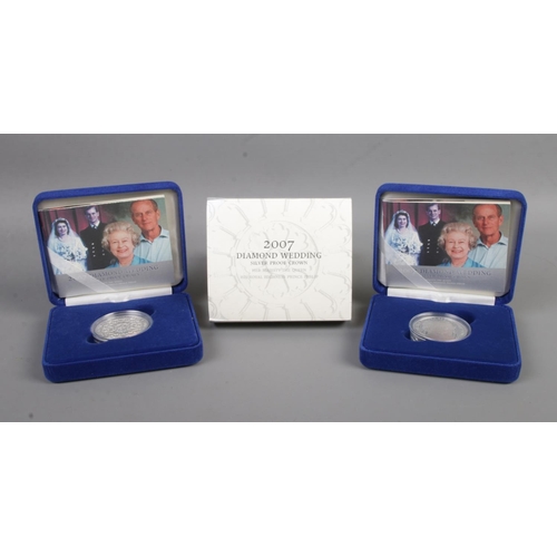 424 - The Royal Mint; Two boxed 2007 Diamond Wedding silver proof crowns. Limited Edition of 35,000, both ... 